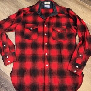 Pendleton Shirt Mens Medium Red Plaid Flannel Western Button Front Virgin Wool